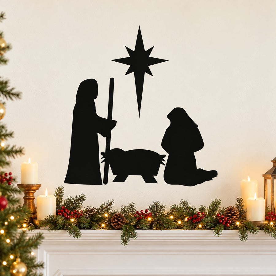 Nativity manger vinyl wall decal silhouette with angel, star, and shepherd