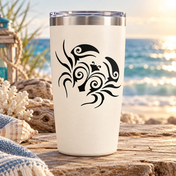 White tumbler with black tribal crab decal on the front
