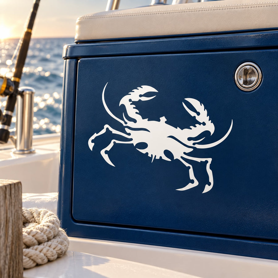 Sea crab decal sticker with white outline on dark blue surface