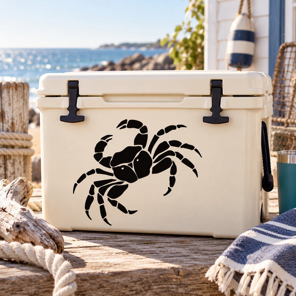 Black crab decal graphic on white cooler-style surface