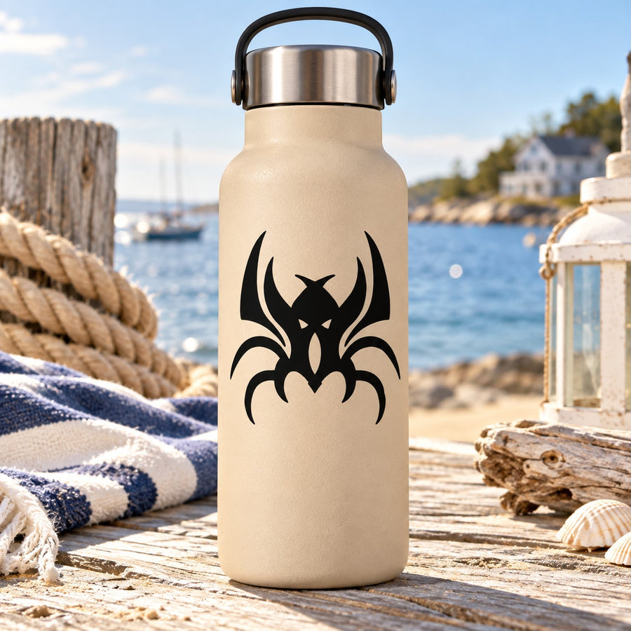 Warrior crab decal on beige bottle with black stylized crab emblem