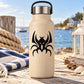 Warrior crab decal on beige bottle with black stylized crab emblem