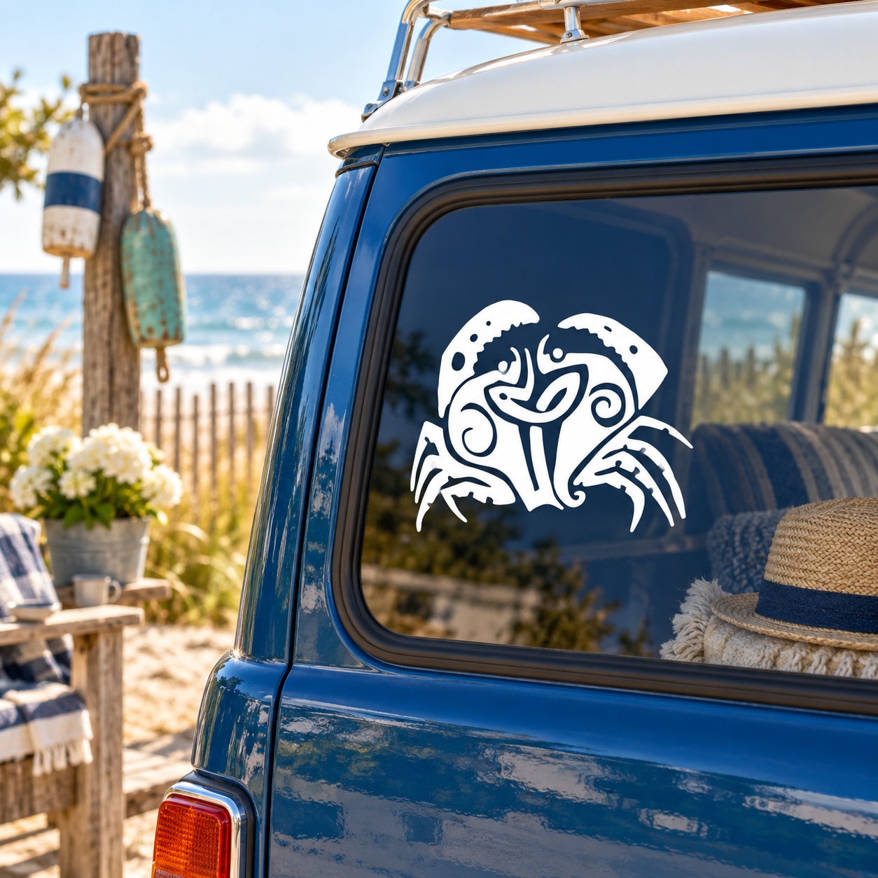 Tribal Samoan crab decal, white tribal crab graphic on dark blue surface