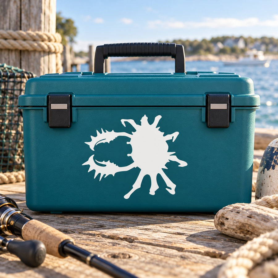 Spiny crab decal sticker on teal toolbox lid