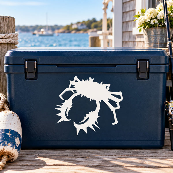 Spiny king crab decal, white silhouette on dark blue cooler lid
