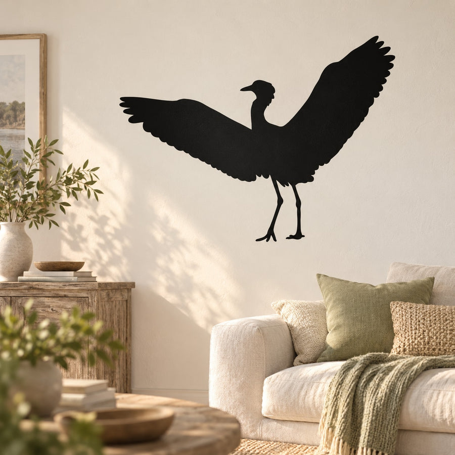 Crane silhouette wall decal with wings spread and raised legs