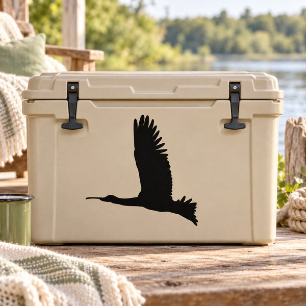 Black crane in-flight decal on beige cooler lid