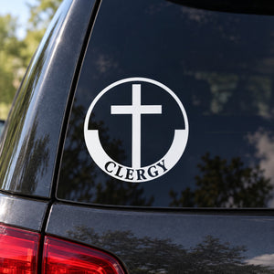 Circular clergy cross outline decal with cross and word CLERGY on dark surface