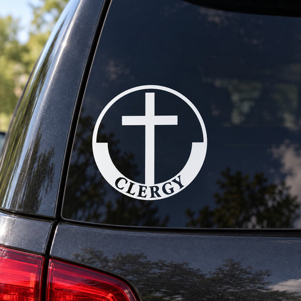 Circular clergy cross outline decal with cross and word CLERGY on dark surface