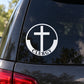 Circular clergy cross outline decal with cross and word CLERGY on dark surface