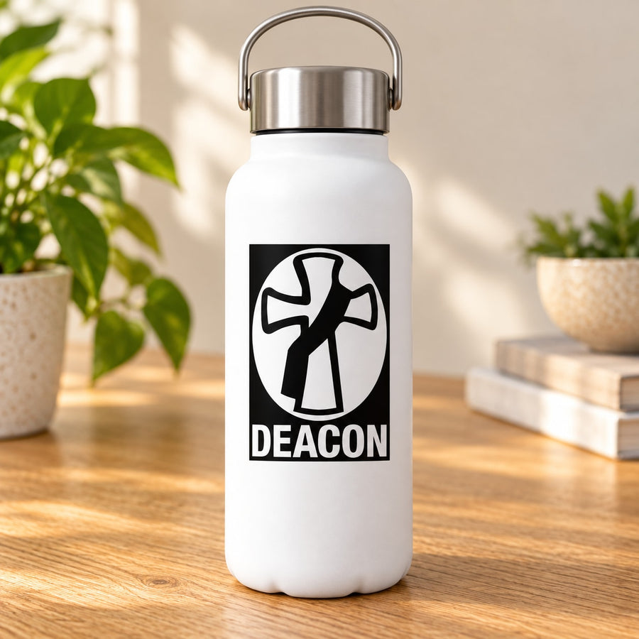 White insulated water bottle with metal carry handle, black Deacon cross decal