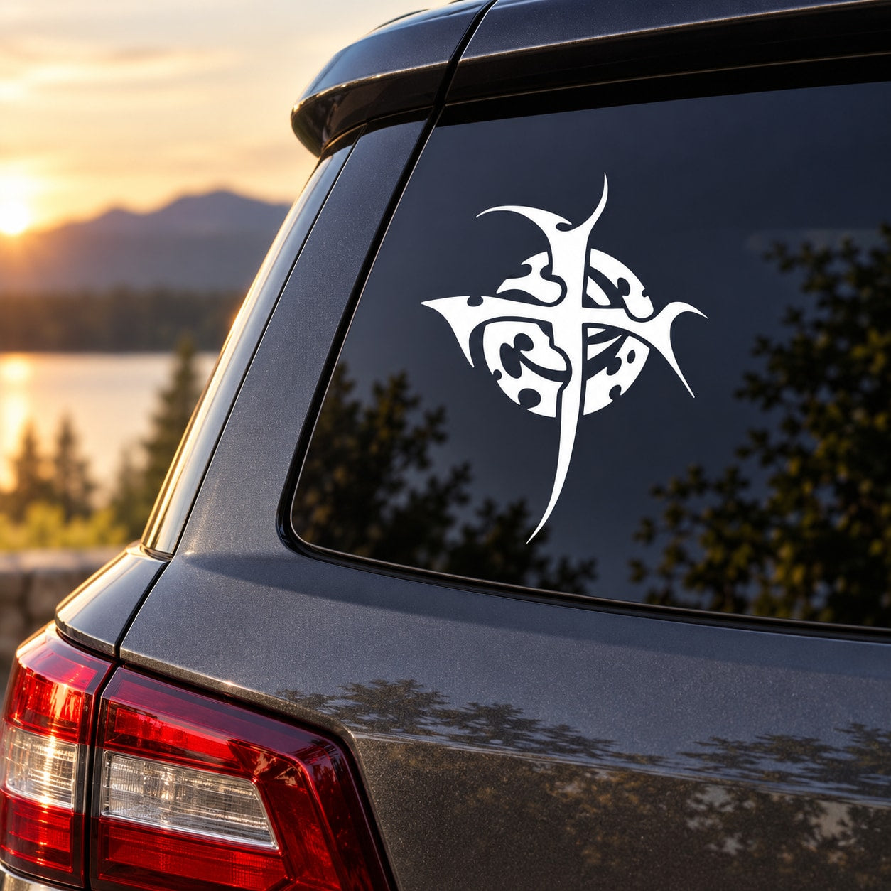 Dark car rear window with white thorned cross and spiral decal
