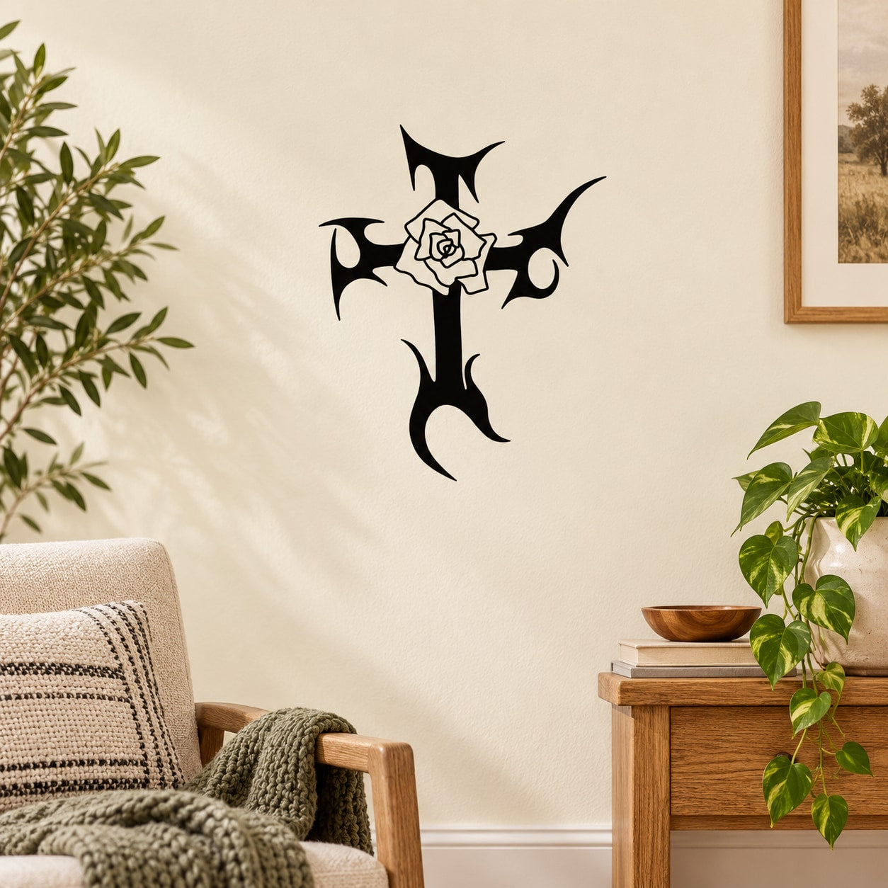 Thorned cross with rose wall decal, black with white rose detail