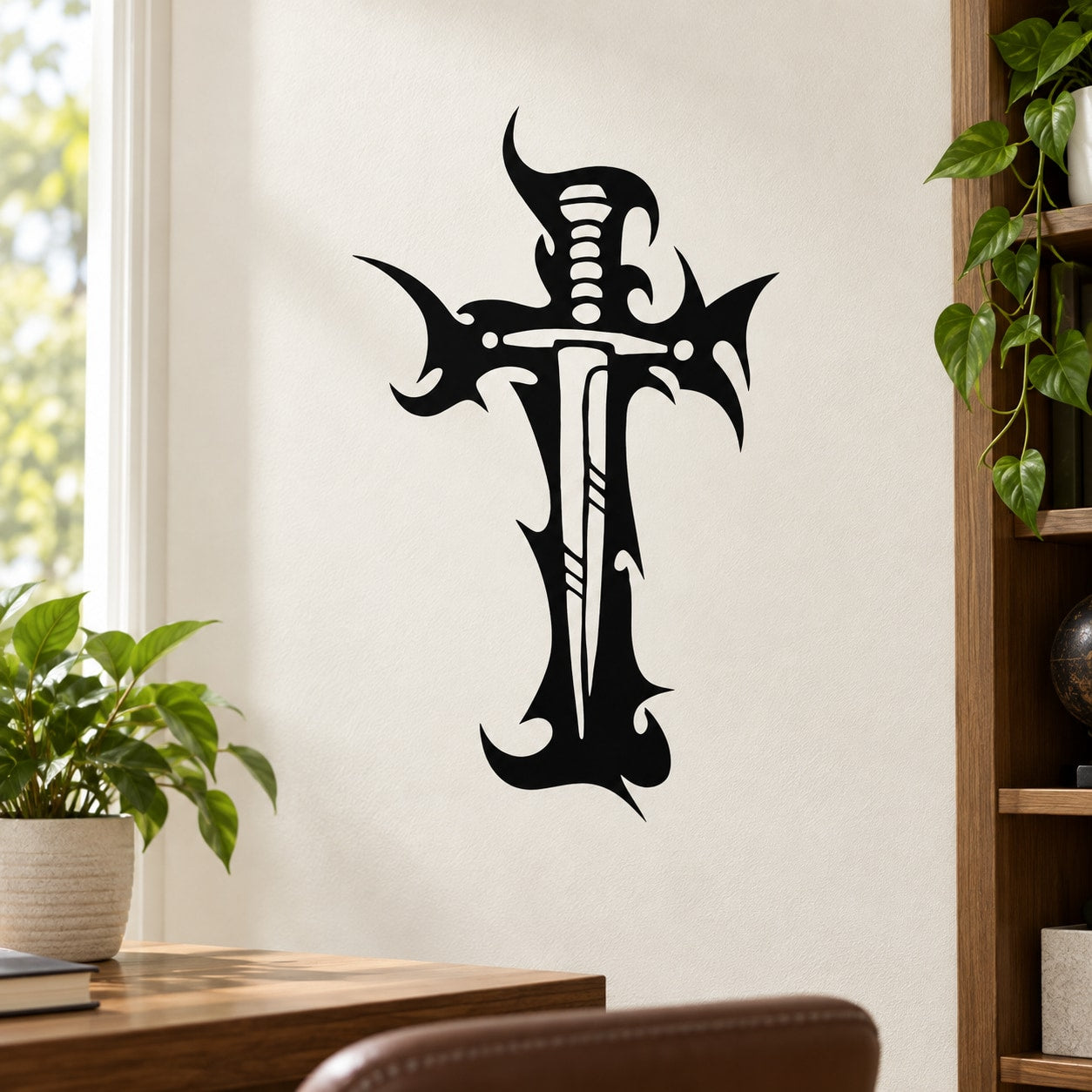 Black tribal cross with sword wall decal