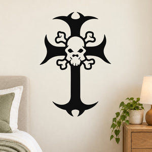 Black cross wall decal with skull center and ornate banner arms