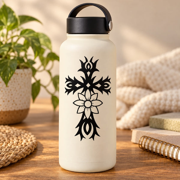 White reusable water bottle with black thorned cross and flower decal, black cap and handle