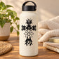 White reusable water bottle with black thorned cross and flower decal, black cap and handle