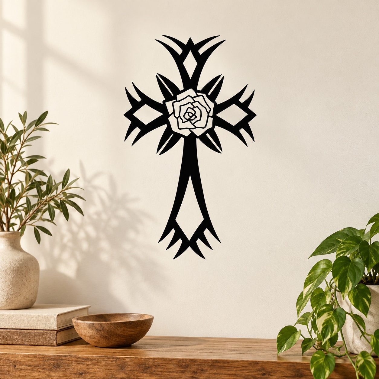 Spiked cross wall decal with black rays and outlined rose center