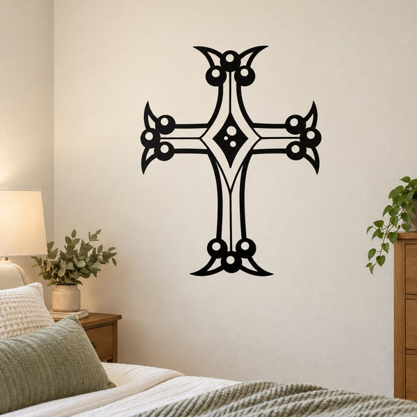 Black cross wall decal with berry-like ornaments and decorative circles