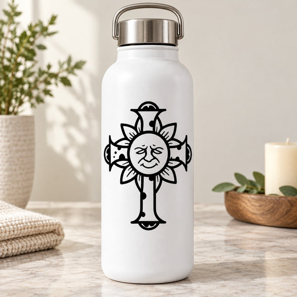 White water bottle with black cross and sun-face decal