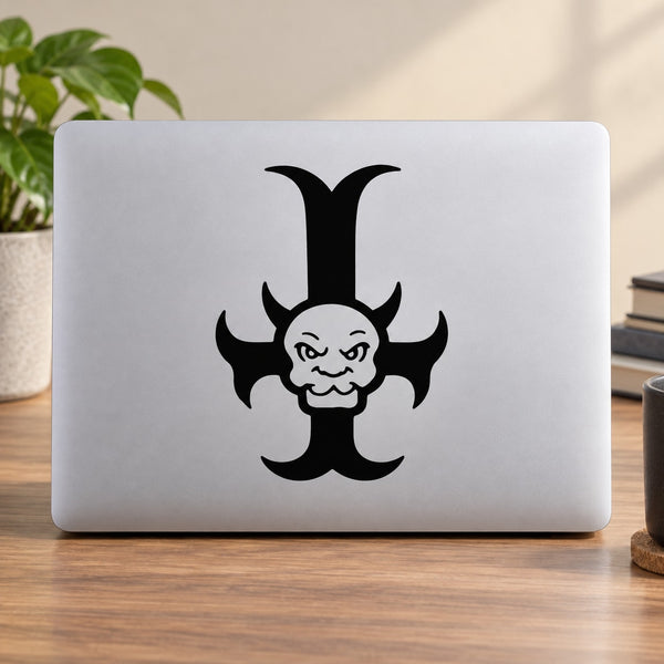 Black cross decal sticker with devil face and trident symbol