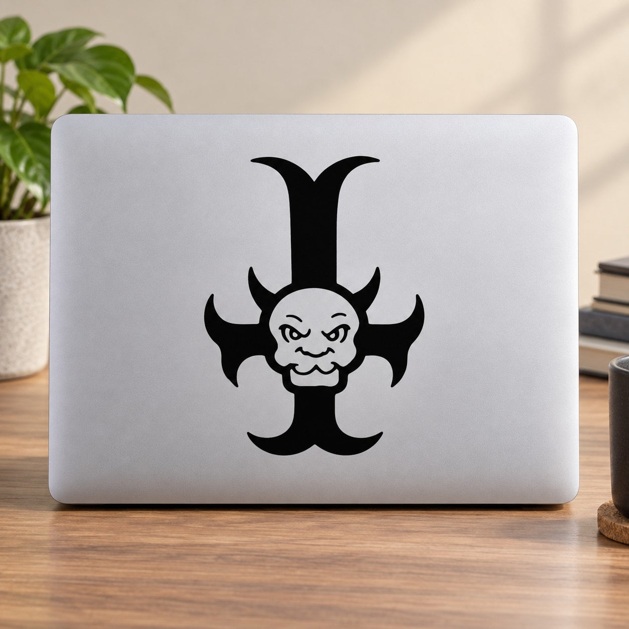 Black cross decal sticker with devil face and trident symbol