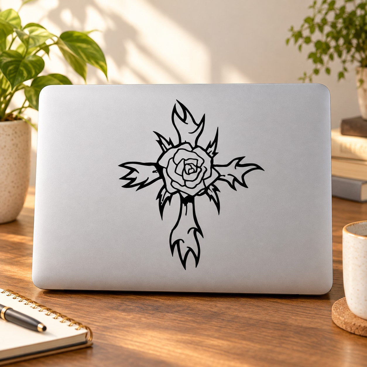 Black rose cross line-art decal with thorns and petals, sticker design