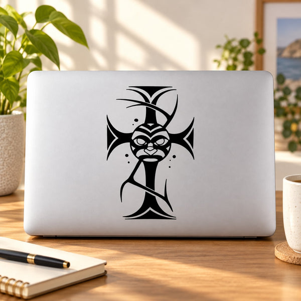 Tribal face decal with black horned mask design on light background