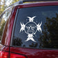 White angry sun and face decal on car rear window glass