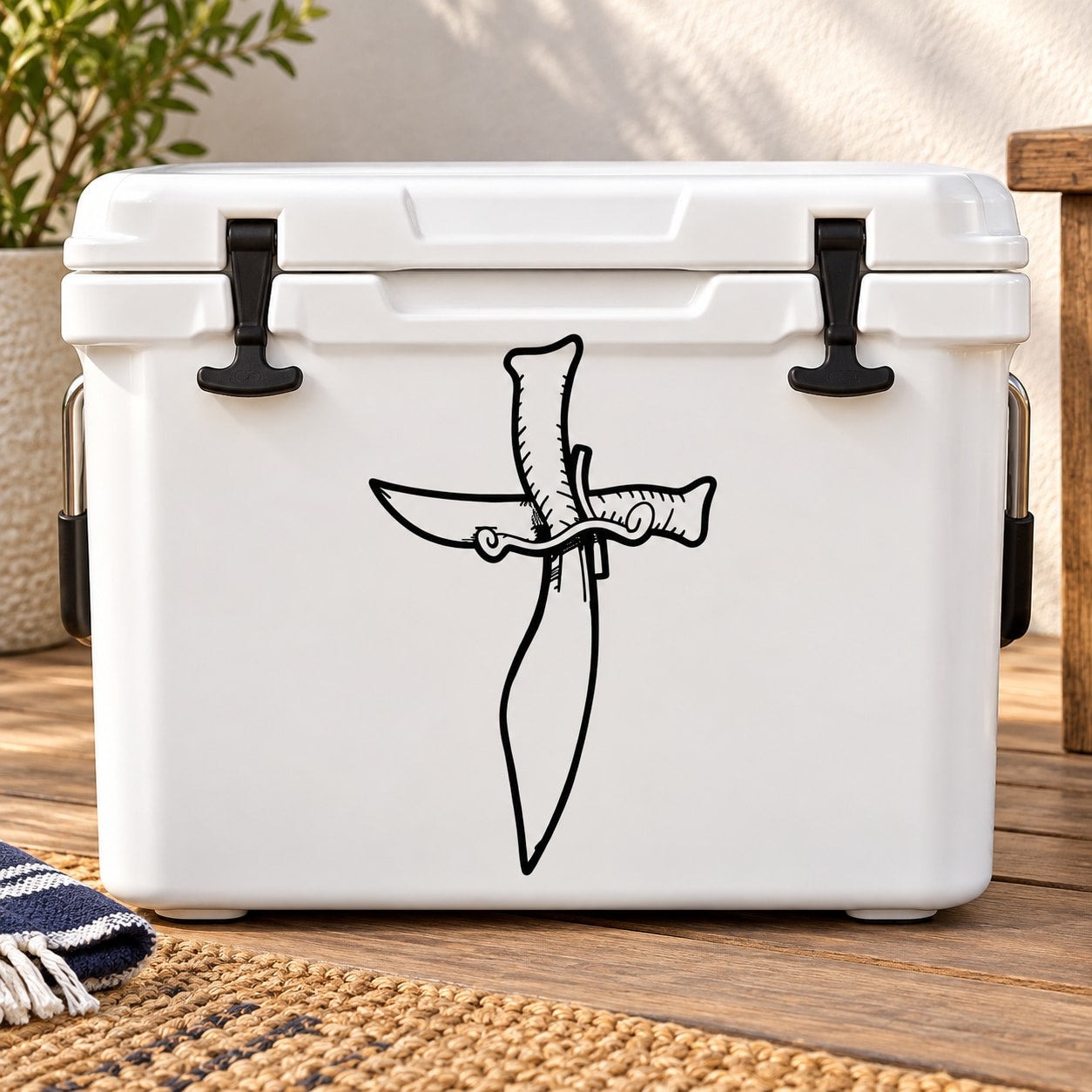 Crossed swords decal, black sword emblem on white cooler lid