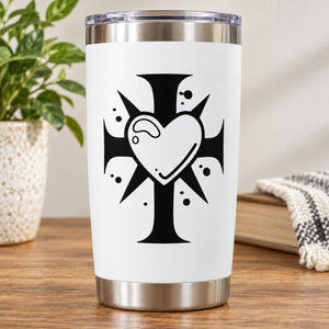 Stainless steel tumbler with black cross and pointed heart decal, white body