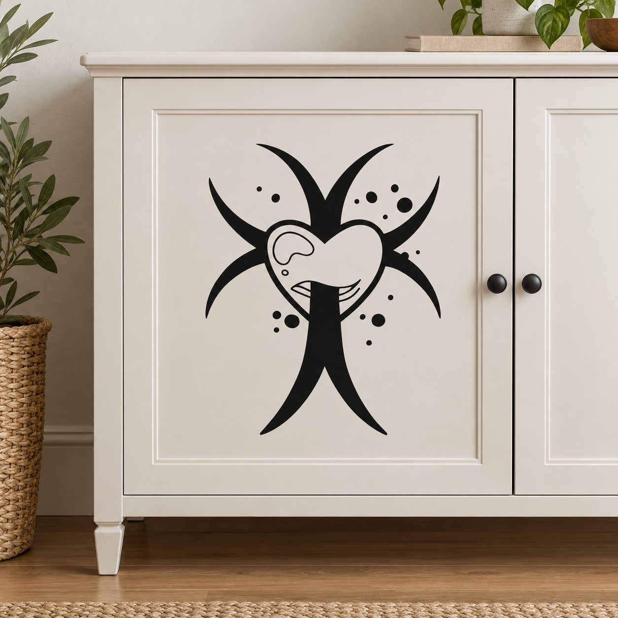 Black cross decal with pierced heart and dots, white backing