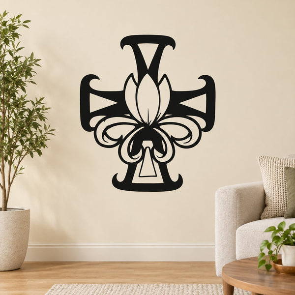 Black cross with lotus flower decal, decorative symmetrical design