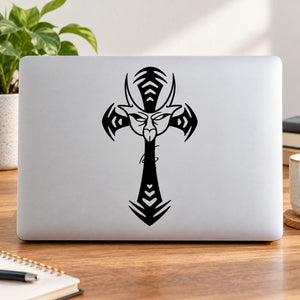 Laptop with black demon mask cross decal graphic