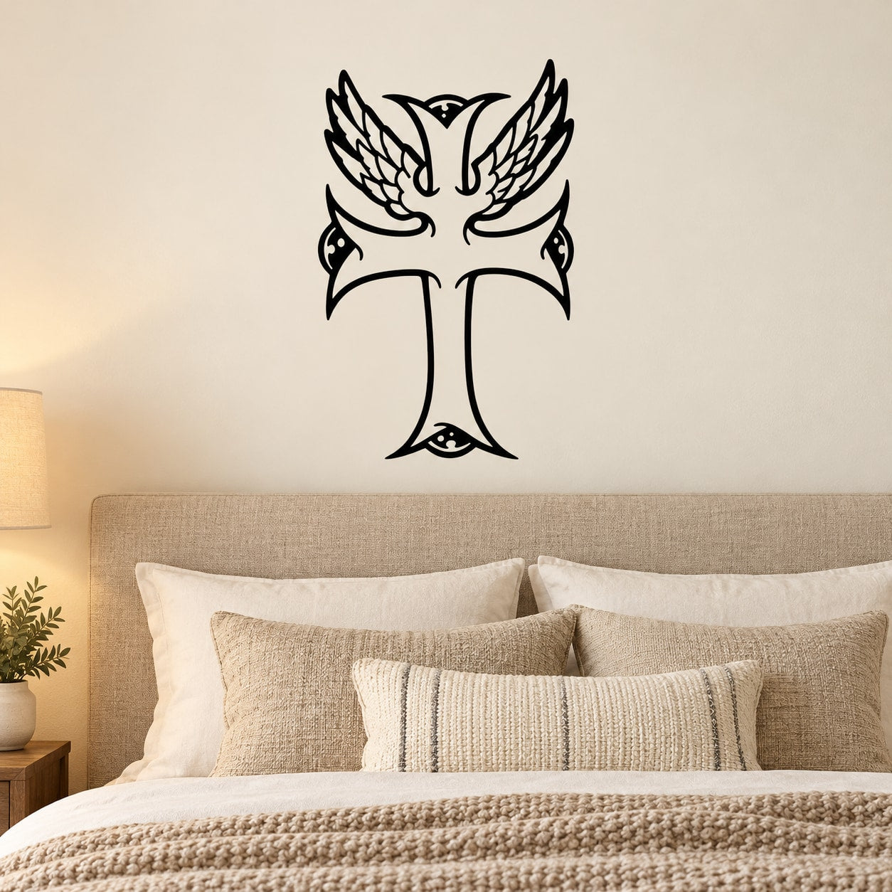 Winged cross wall decal with black feathered wings and cross emblem