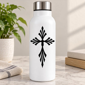 Black stylized cross decal on a white bottle with a silver lid