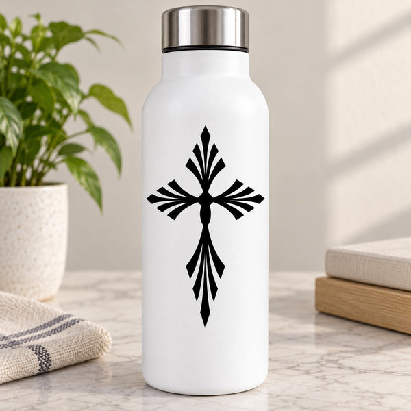 Black stylized cross decal on a white bottle with a silver lid