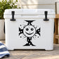 White plastic cooler with black happy face cross decal and carry latches