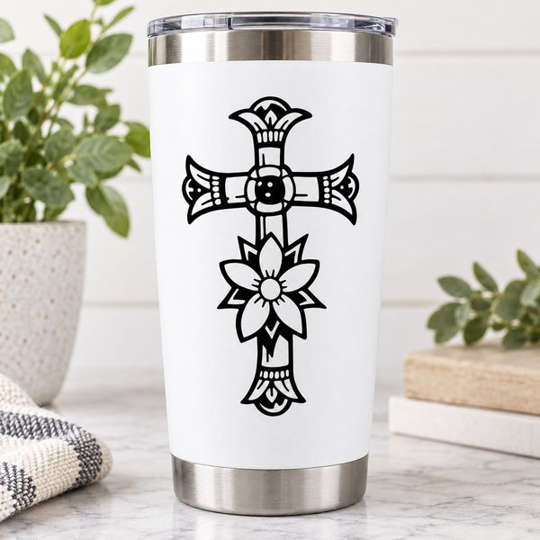 Insulated stainless steel tumbler with black cross and flower decal on white