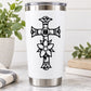 Insulated stainless steel tumbler with black cross and flower decal on white