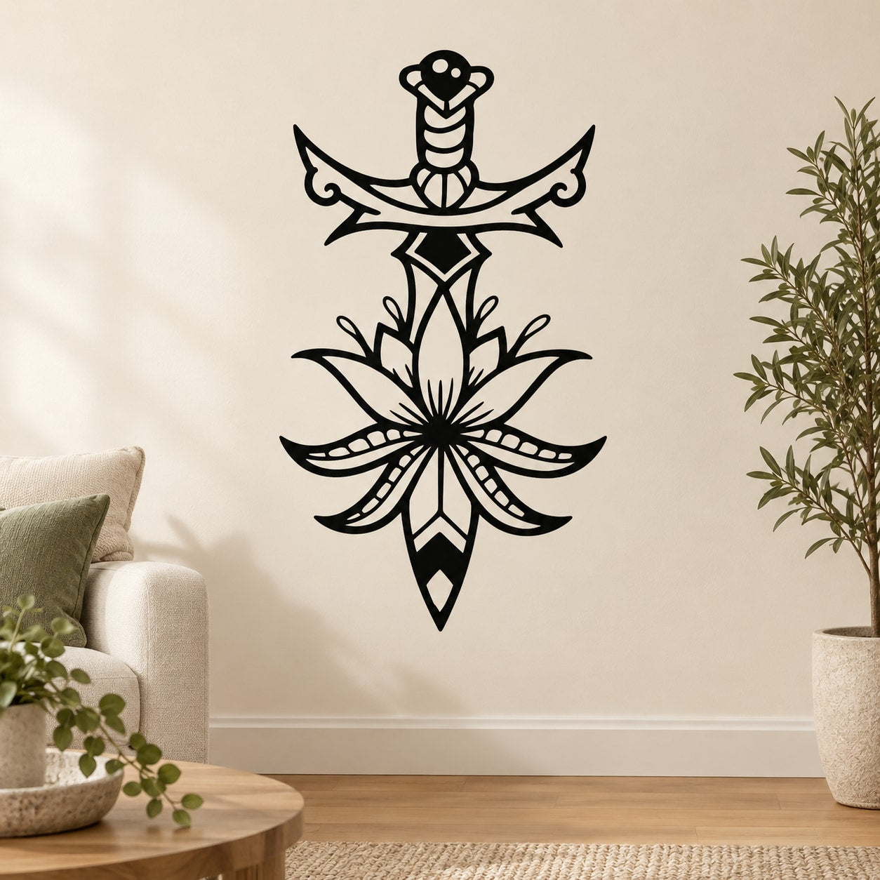 Black cross dagger wall decal with flower design