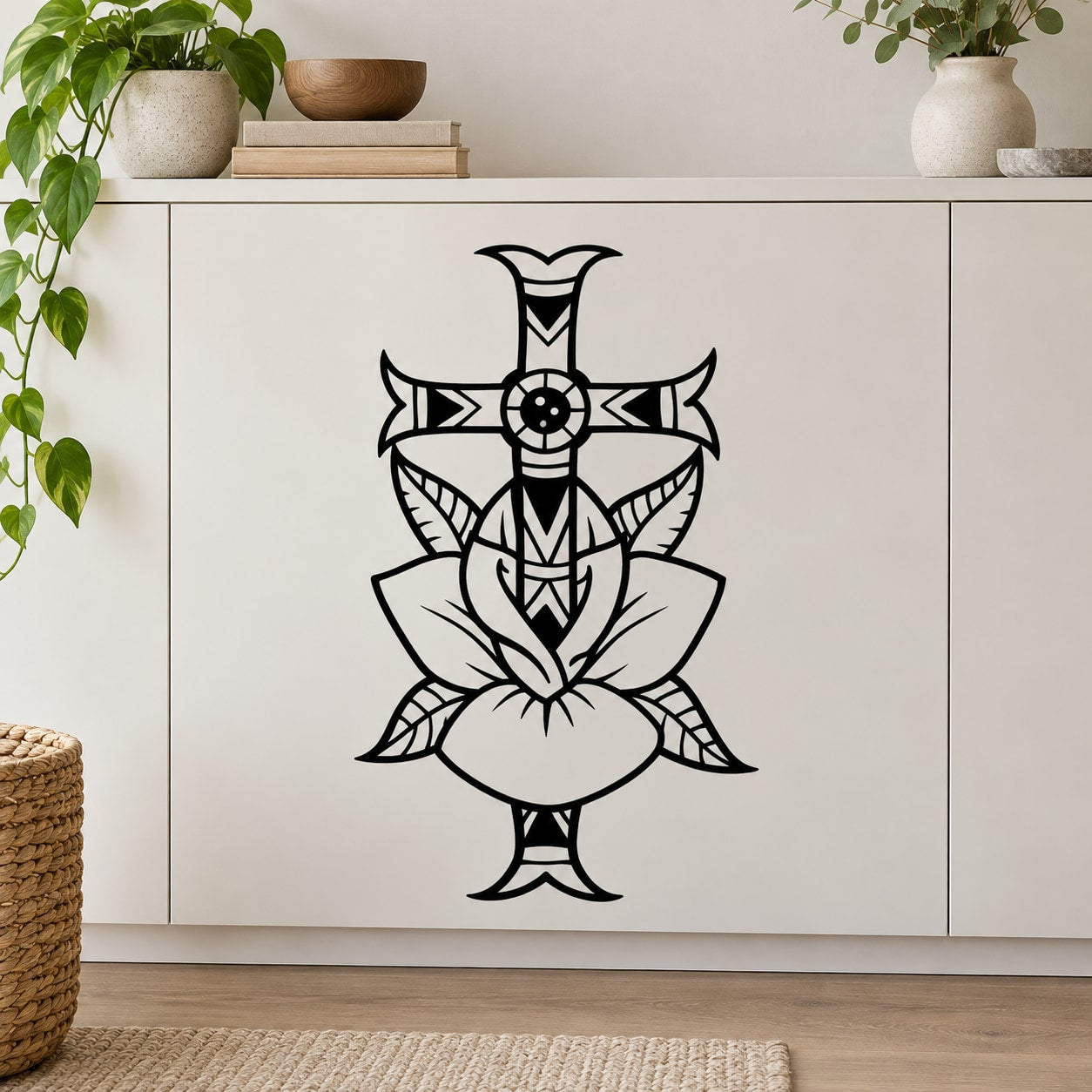Black floral cross wall decal with ornamental center and symmetrical petal-like shapes
