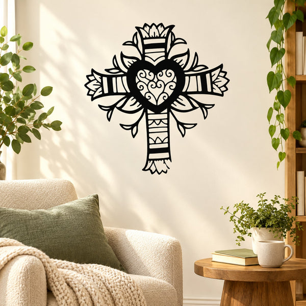 Heart cross wall decal with decorative vine edges and central heart
