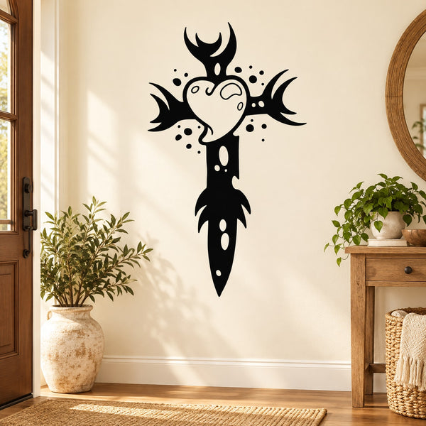 Tribal cross dagger with heart decal wall sticker, black tribal design