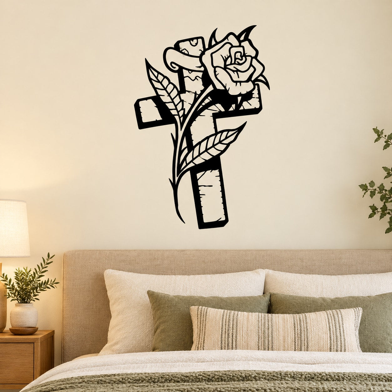 Wall decal cross with rose design, outlined black and white
