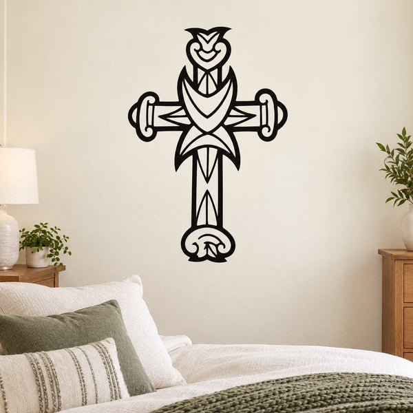 Ornate black cross decal with heart emblem and scrollwork ends
