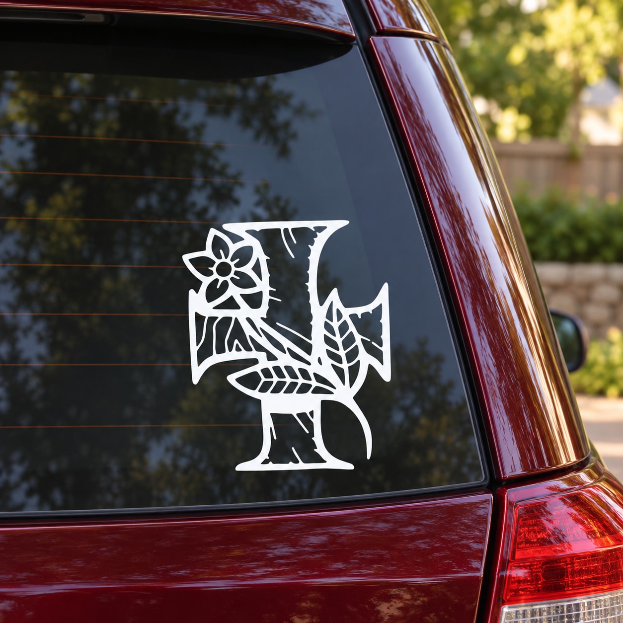 Car decal with white cross and flower motif on a dark window