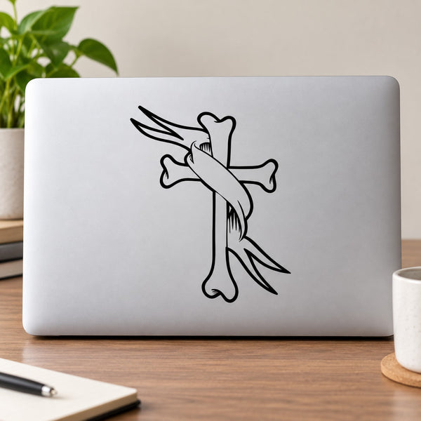 White laptop with black bone cross ribbon decal sticker