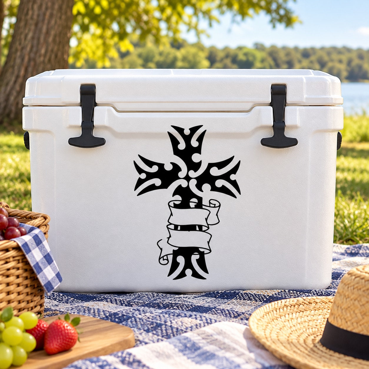 White cooler with black tribal cross and ribbon decal on front panel