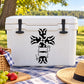 White cooler with black tribal cross and ribbon decal on front panel